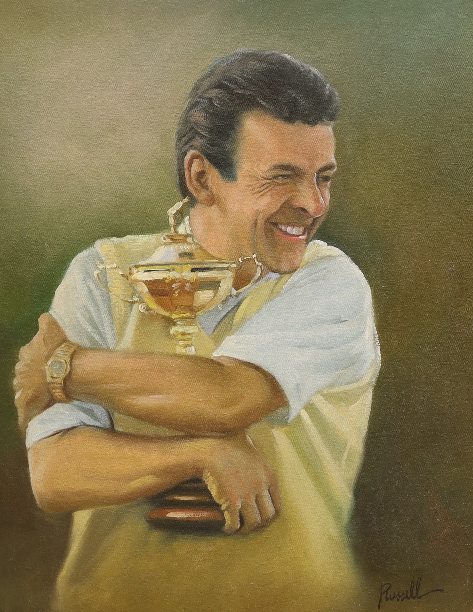 Russell, oil on canvas, Tony Jacklin embracing a trophy, 49 x 39cm